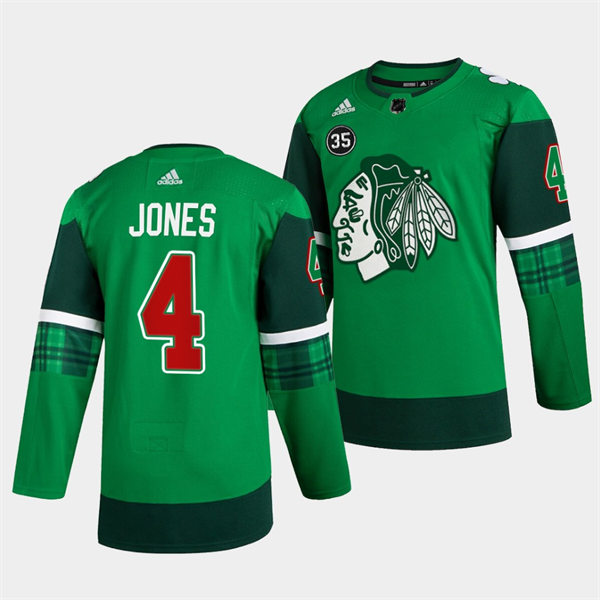 Mens Chicago Blackhawks #4 Seth Jones Green 2020 St. Patrick's Day Player Stitched Jersey