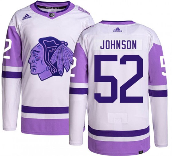 Mens Chicago Blackhawks #52 Reese Johnson 2021-22 White Purple Hockey Fights Cancer Primegreen Stitched Jersey