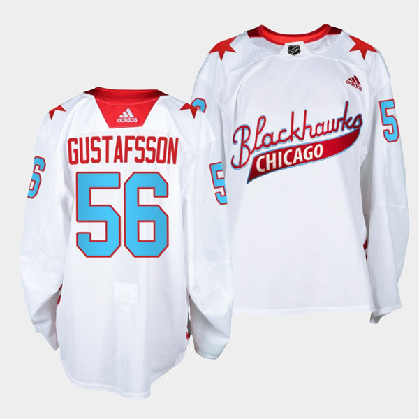 Mens Chicago Blackhawks #56 Erik Gustafsson Adidas White 2021 One Community Night Stitched Jersey