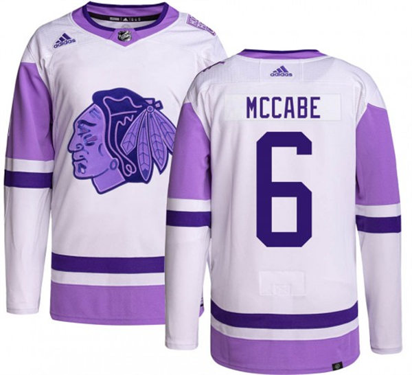 Mens Chicago Blackhawks #6 Jake McCabe 2021-22 White Purple Hockey Fights Cancer Primegreen Stitched Jersey