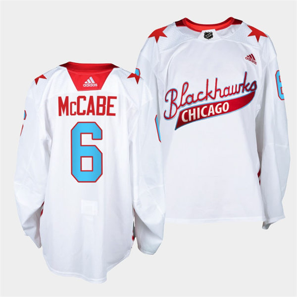 Mens Chicago Blackhawks #6 Jake McCabe Adidas White 2021 One Community Night Stitched Jersey