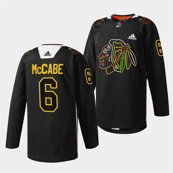 Mens Chicago Blackhawks #6 Jake McCabe Black Warm-Up 2021-22 Foundation Night Stitched Jersey