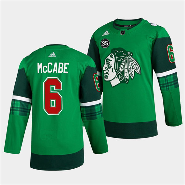 Mens Chicago Blackhawks #6 Jake McCabe Green 2020 St. Patrick's Day Player Stitched Jersey