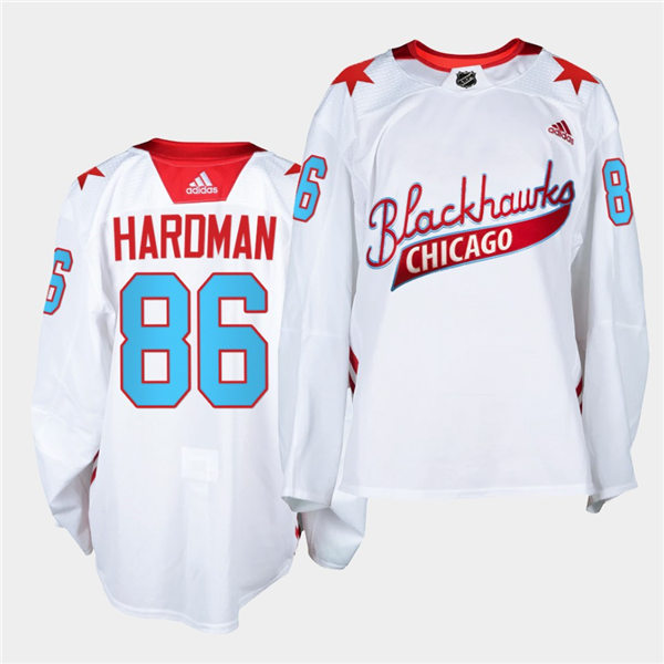 Mens Chicago Blackhawks #86 Mike Hardman Adidas White 2021 One Community Night Stitched Jersey