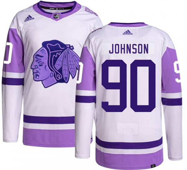 Mens Chicago Blackhawks #90 Tyler Johnson 2021-22 White Purple Hockey Fights Cancer Primegreen Stitched Jersey