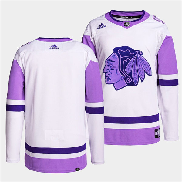 Mens Chicago Blackhawks Blank 2021-22 White Purple Hockey Fights Cancer Primegreen Stitched Jersey