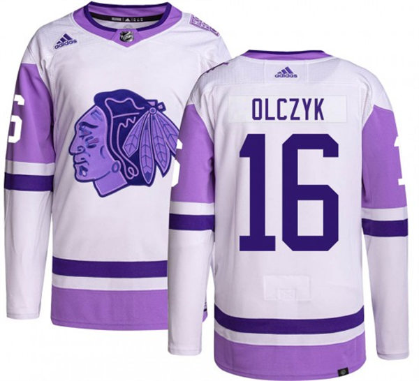 Mens Chicago Blackhawks Retired Player #16 ED OLCZYK 2021-22 White Purple Hockey Fights Cancer Primegreen Stitched Jersey