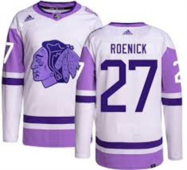 Mens Chicago Blackhawks Retired Player #27 Jeremy Roenick 2021-22 White Purple Hockey Fights Stitched Cancer