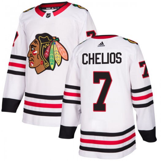 Mens Chicago Blackhawks Retired Player #7 Chris Chelios Adidas Away White Stitched Jersey