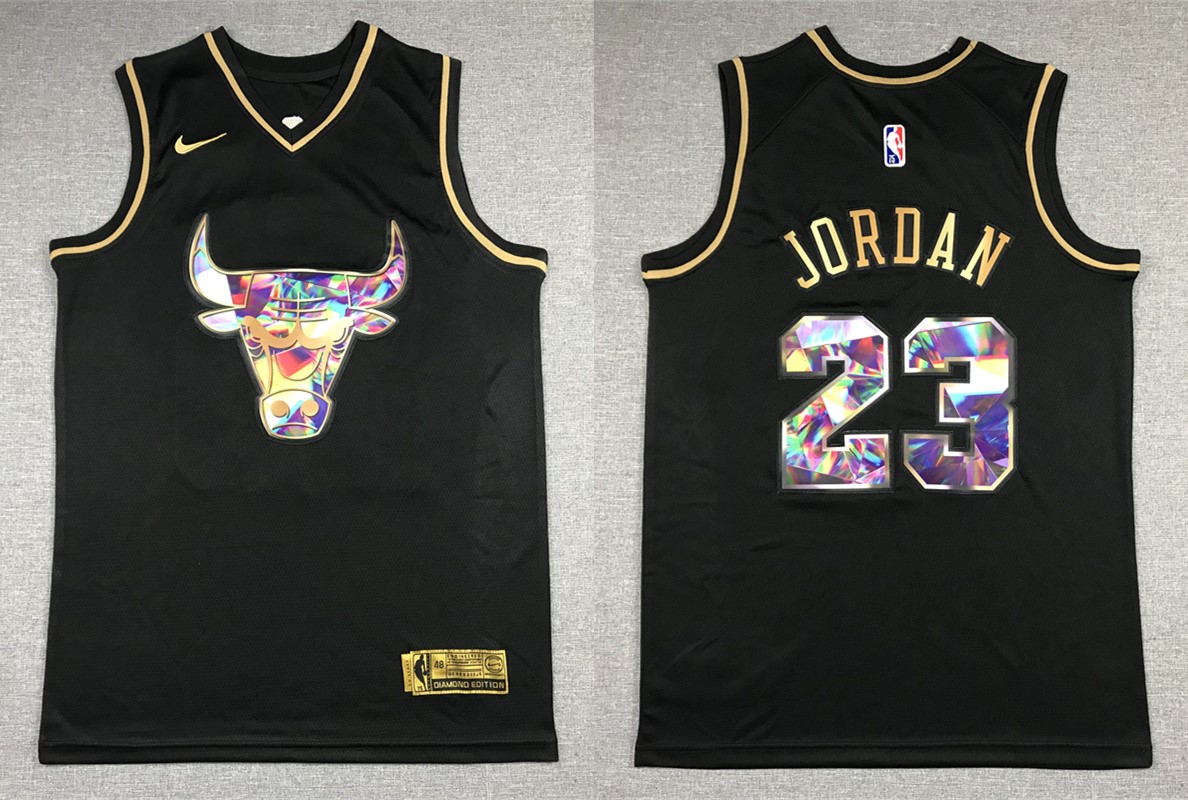Mens Chicago Bulls #23 Michael Jorda 2021-22 Diamond Team Logo NBA 75th Season Black Golden Jersey