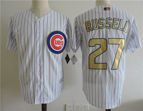 Mens Chicago Cubs #27 Addison Russell Majestic White 2017 Gold Program Cool Base Player Jerseys