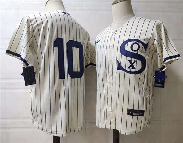 Mens Chicago White Sox #10 Yoan Moncada Nike White PIN STRIPE 2021 Field of Dreams Jersey