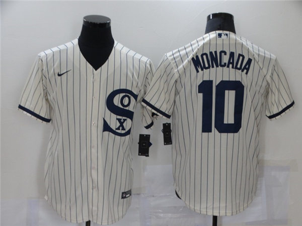 Mens Chicago White Sox #10 Yoan Moncada Nike White Pinstripe with Name 2021 Field of Dreams Baseball jerseys