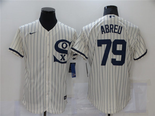 Mens Chicago White Sox #79 Jose Abreu Nike White Pinstripe with Name 2021 Field of Dreams Baseball Jerseys