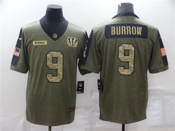 Mens Cincinnati Bengals #9 Joe Burrow Nike 2021 Olive Camo Number Salute To Service Limited Stitched Jersey