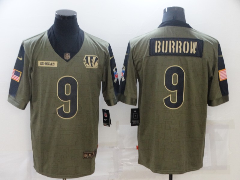 Mens Cincinnati Bengals #9 Joe Burrow Stitched Nike Olive 2021 Salute To Service Limited Player Stitched Jersey