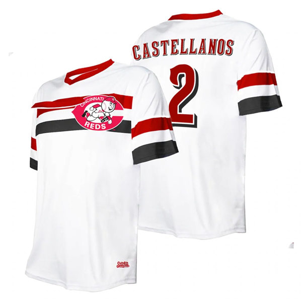 Mens Cincinnati Reds #2 Nicholas Castellanos White Cooperstown Collection V-Neck Jersey