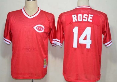 Mens Cincinnati Reds Jersey #14 Pete Rose Mesh Batting Practice Red Throwback