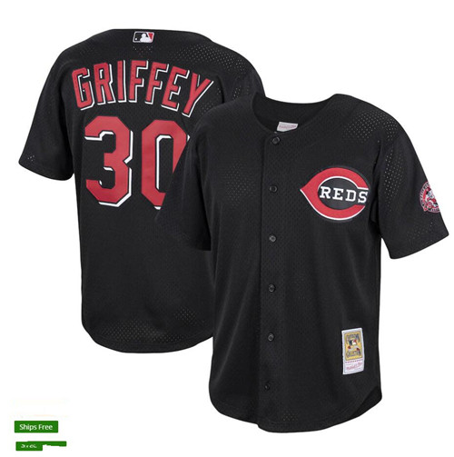 Mens Cincinnati Reds Retired Player #30 Ken Griffey Jr. Mitchell & Ness 2000 Black Throwback Jerseys