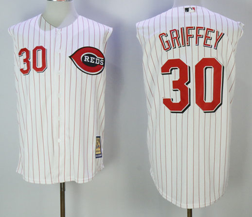 Mens Cincinnati Reds Retired Player #30 Ken Griffey Jr. White Pinstripe Mitchell & Ness Cooperstown Vest Jersey
