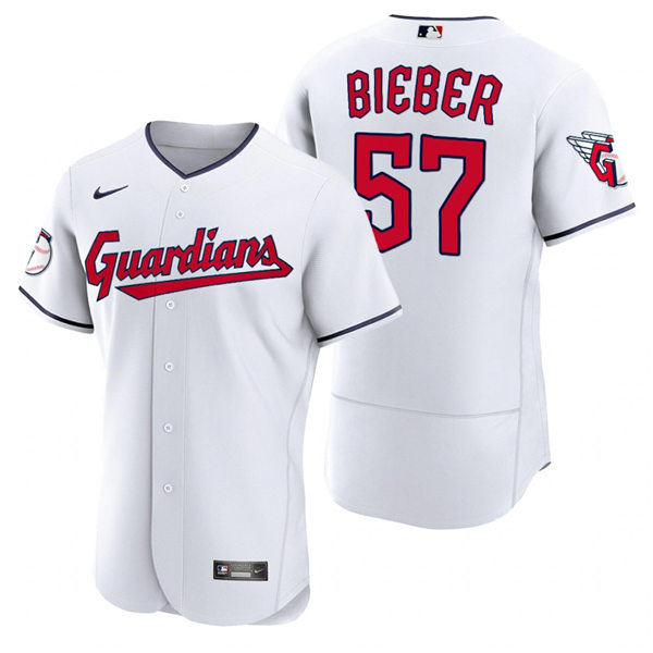 Mens Cleveland Guardians #57 Shane Bieber Nike 2022 White Home Flex Base Authentic Player Jersey