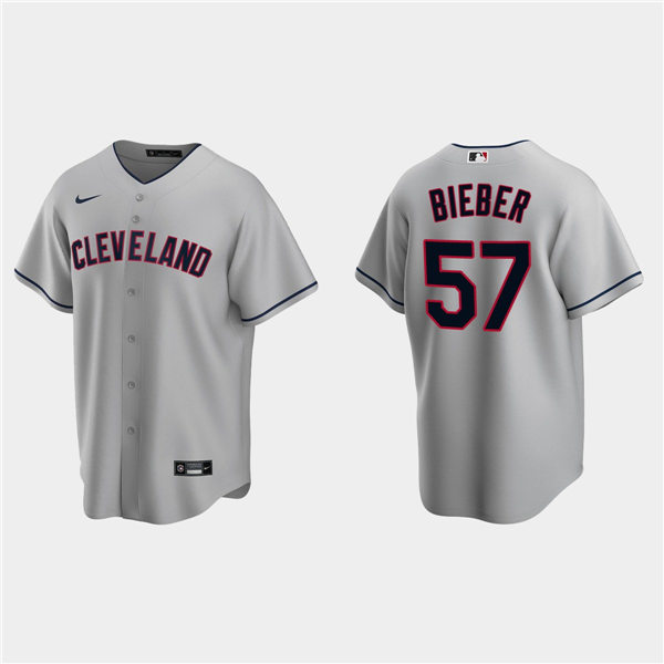 Mens Cleveland Indians #57 Shane Bieber Nike Grey Road Cool Base Jersey