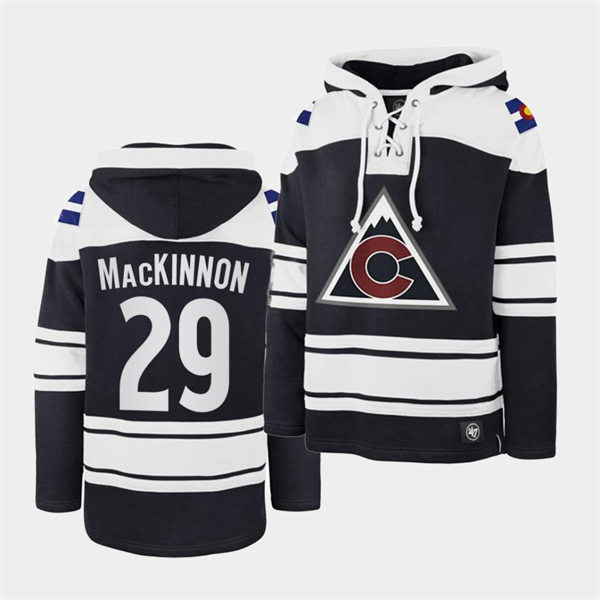 Mens Colorado Avalanche #29 Nathan MacKinnon Navy Superior Lacer Vintage Hoodie Stitched