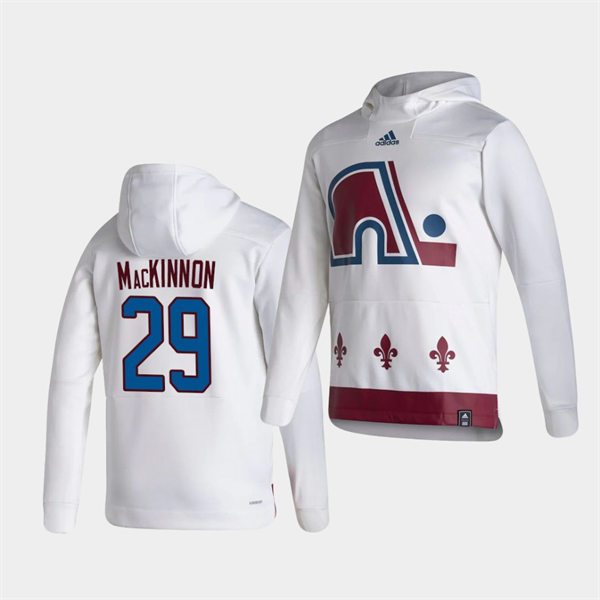 Mens Colorado Avalanche #29 Nathan MacKinnon White 2021 Reverse Retro Pullover Special Edition Hoodie Stitched