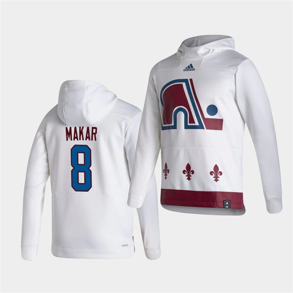 Mens Colorado Avalanche #8 Cale Makar White 2021 Reverse Retro Pullover Special Edition Hoodie Stitched
