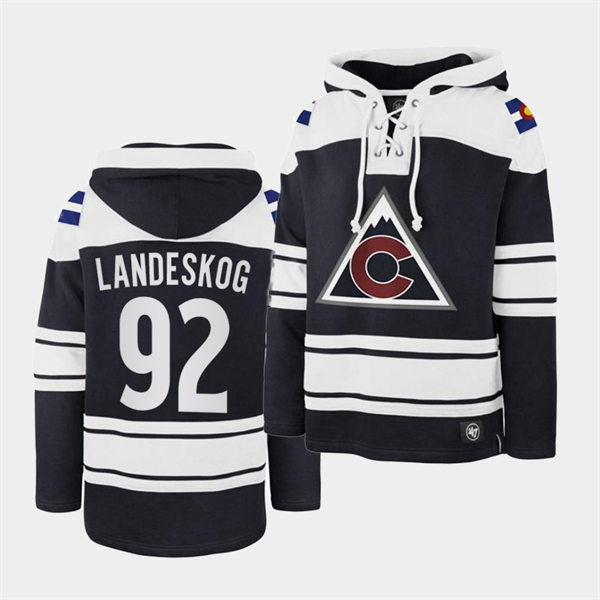 Mens Colorado Avalanche #92 Gabriel Landeskog Navy Superior Lacer Vintage Hoodie Stitched