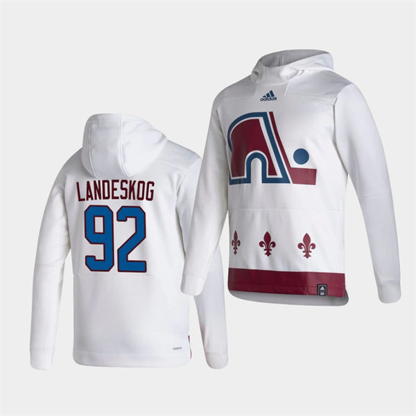 Mens Colorado Avalanche #92 Gabriel Landeskog White 2021 Reverse Retro Pullover Special Edition Hoodie Stitched
