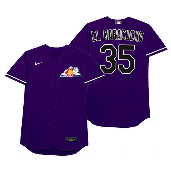 Mens Colorado Rockies #35 Elias Diaz Nike Purple 2021 Players' Weekend Nickname El Maracucho Jersey