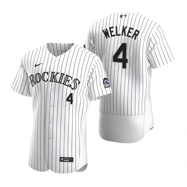 Mens Colorado Rockies #4 Colton Welker Nike Home White Pinstripe FlexBase Player Jersey