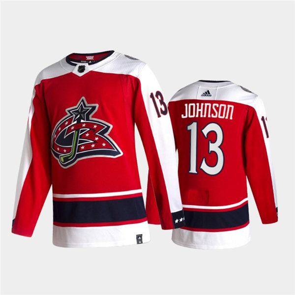 Mens Columbus Blue Jackets #13 Kent Johnson Adidas Red 2021 NHL Season Reverse Retro Jersey Stitched