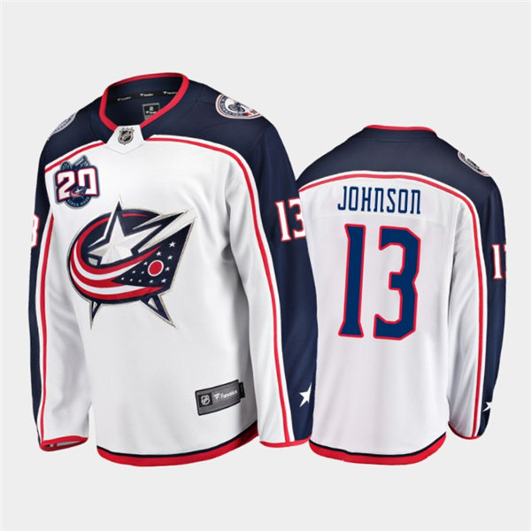 Mens Columbus Blue Jackets #13 Kent Johnson adidas Away White Stitched NHL Jersey Stitched