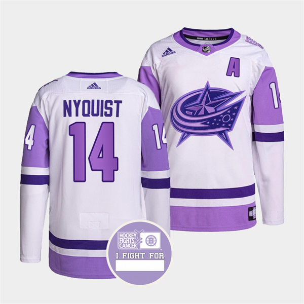 Mens Columbus Blue Jackets #14 Gustav Nyquist 2021-22 White Purple Hockey Fights Cancer Primegreen Jersey Stitched