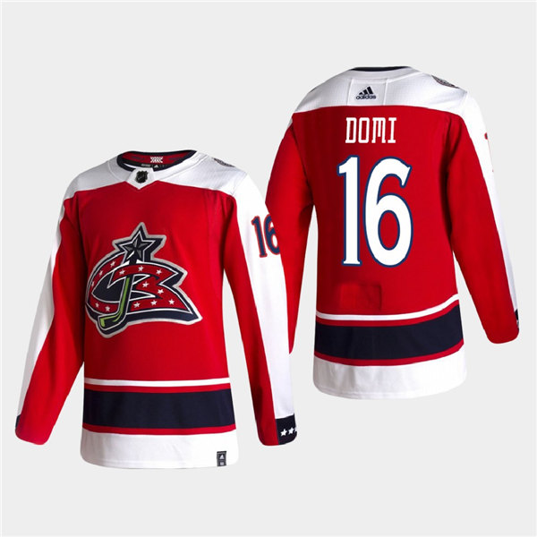 Mens Columbus Blue Jackets #16 Max Domi Adidas Red 2021 NHL Season Reverse Retro Jersey Stitched