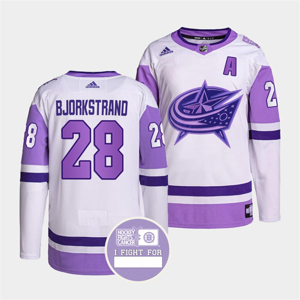 Mens Columbus Blue Jackets #28 Oliver Bjorkstrand 2021-22 White Purple Hockey Fights Cancer Primegreen Stitched