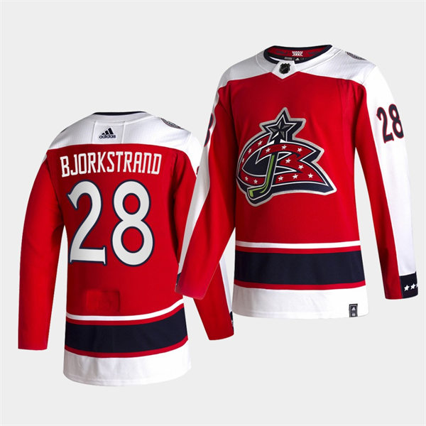 Mens Columbus Blue Jackets #28 Oliver Bjorkstrand Adidas Red 2021 NHL Season Reverse Retro Jersey Stitched