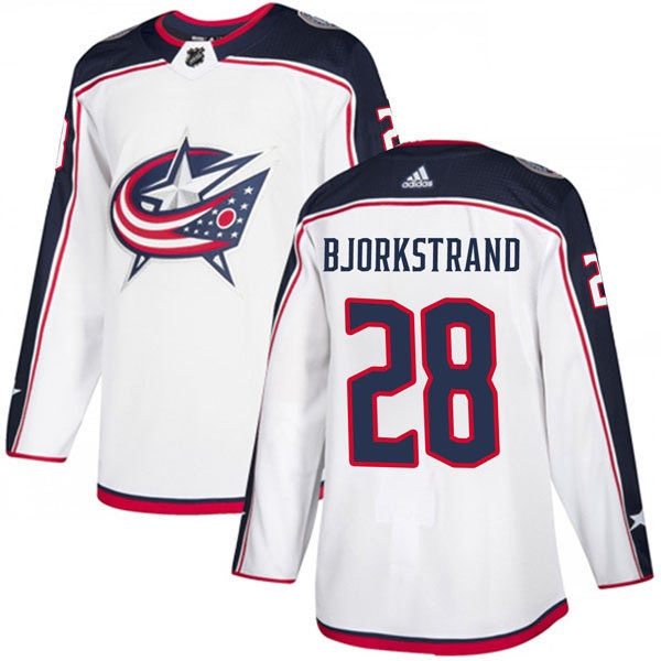 Mens Columbus Blue Jackets #28 Oliver Bjorkstrand adidas White Away Jersey Stitched