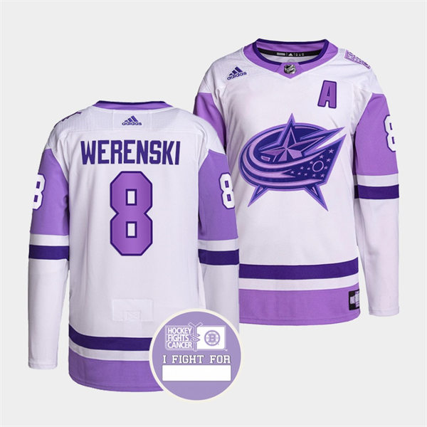 Mens Columbus Blue Jackets #8 Zach Werenski 2021-22 White Purple Hockey Fights Cancer Primegreen Jersey Stitched