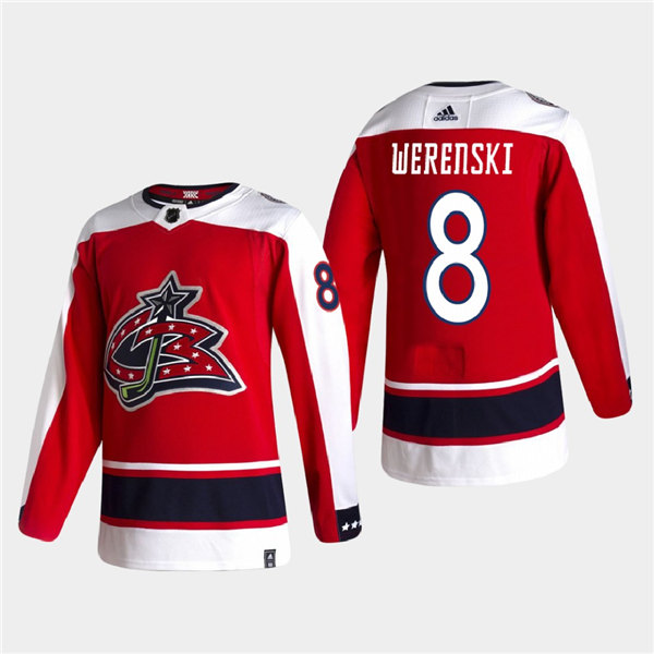 Mens Columbus Blue Jackets #8 Zach Werenski Adidas Red 2021 NHL Season Reverse Retro Jersey Stitched