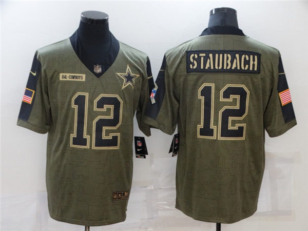 Mens Dallas Cowboys #12 Roger Staubach Nike Olive 2021 Salute To Service Limited Stitched Jersey