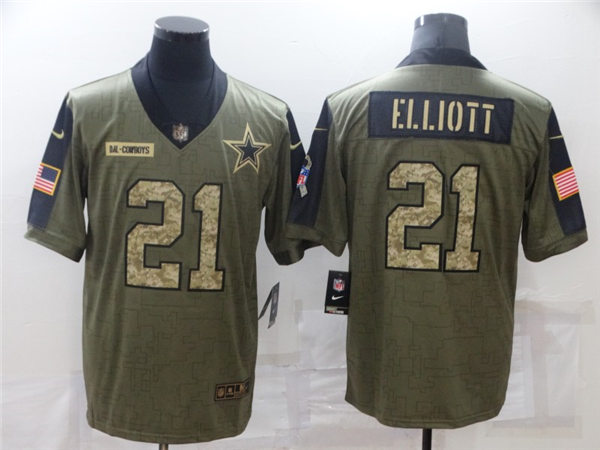 Mens Dallas Cowboys #21 Ezekiel Elliott Nike 2021 Olive Camo Number Salute To Service Limited Stitched Jersey