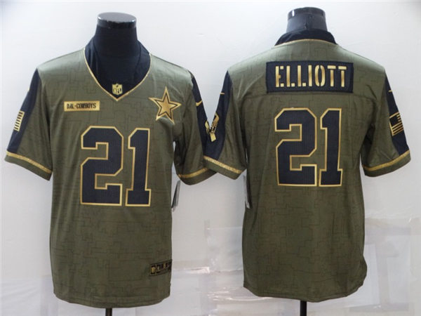 Mens Dallas Cowboys #21 Ezekiel Elliott Nike 2021 Olive Golden Salute To Service Limited Stitched Jersey