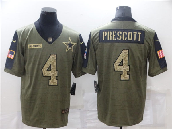 Mens Dallas Cowboys #4 Dak Prescott Nike 2021 Olive Camo Number Salute To Service Limited Stitched Jersey