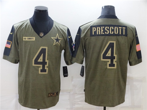 Mens Dallas Cowboys #4 Dak Prescott Nike Olive 2021 Salute To Service Limited Stitched Jersey