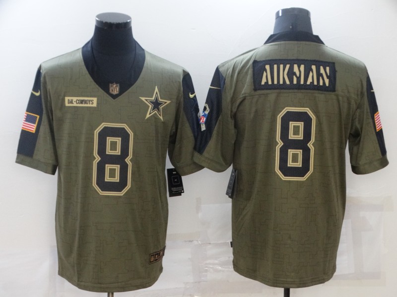 Mens Dallas Cowboys #8 Troy Aikman Nike Olive 2021 Salute To Service Limited Stitched Jersey