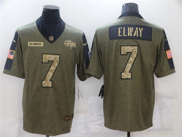 Mens Denver Broncos Retired Player #7 John Elway Nike 2021 Olive Camo Number Salute To Service Limited Stitched Jersey