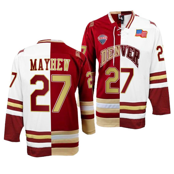Mens Denver Pioneers #27 Kyle Mayhew College Hockey Crimson White Split Two Tone Edtion Jersey